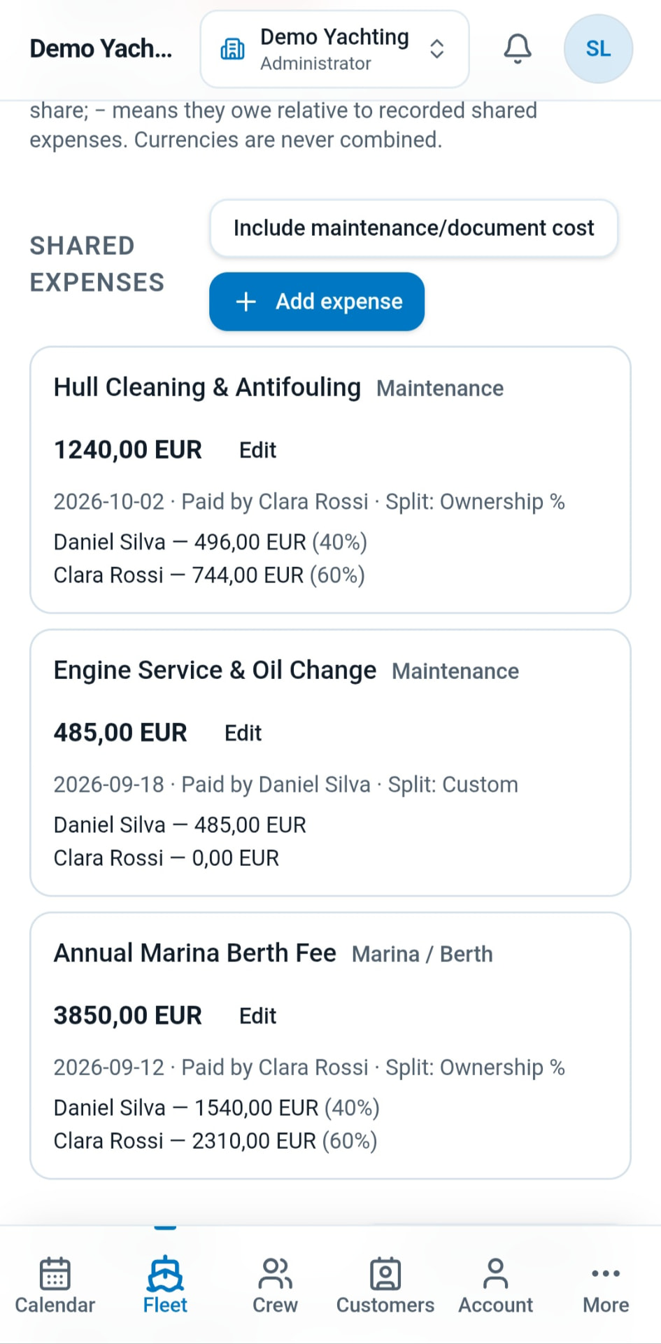 StarboardLog shared vessel expenses and owner allocations on mobile