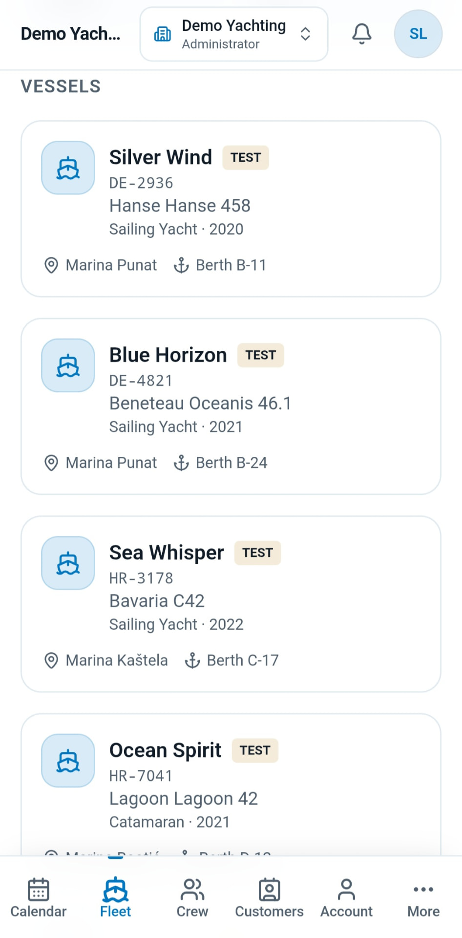 StarboardLog mobile fleet view showing vessel records