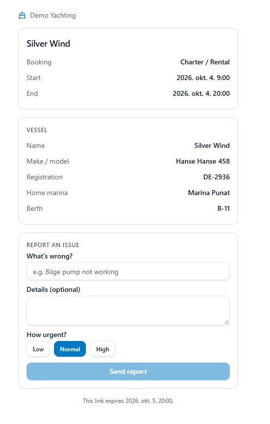 Guest Access view showing booking times, vessel name, make, registration, home marina and berth, and a form to report an issue with urgency