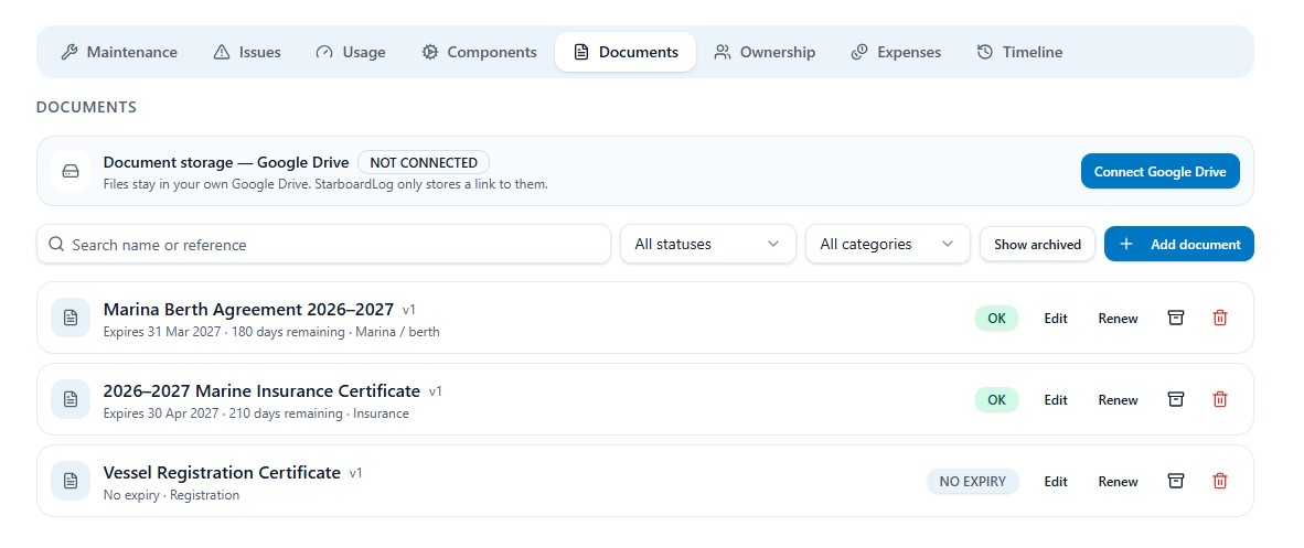 Vessel documents list with a marina berth agreement, an insurance certificate and a registration certificate, their expiry status, search and filters, and the Google Drive storage panel