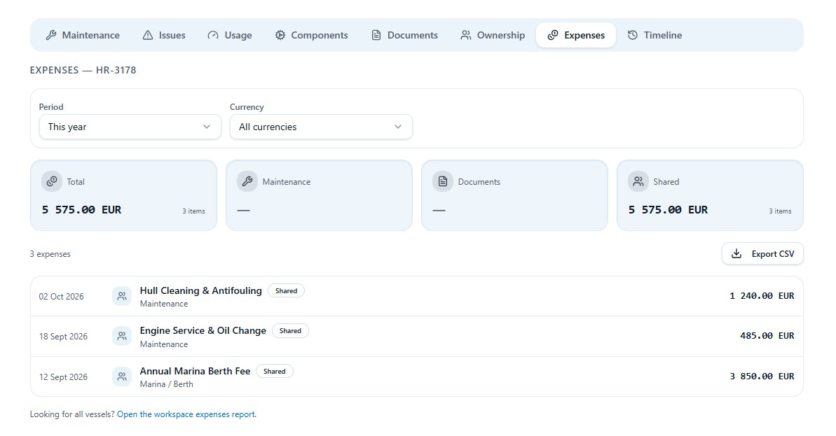 Vessel expenses report with period and currency filters, totals for maintenance, documents and shared costs, an expense list and Export CSV